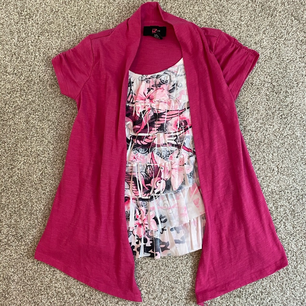 Ruffle Blouse with Connected Cardigan